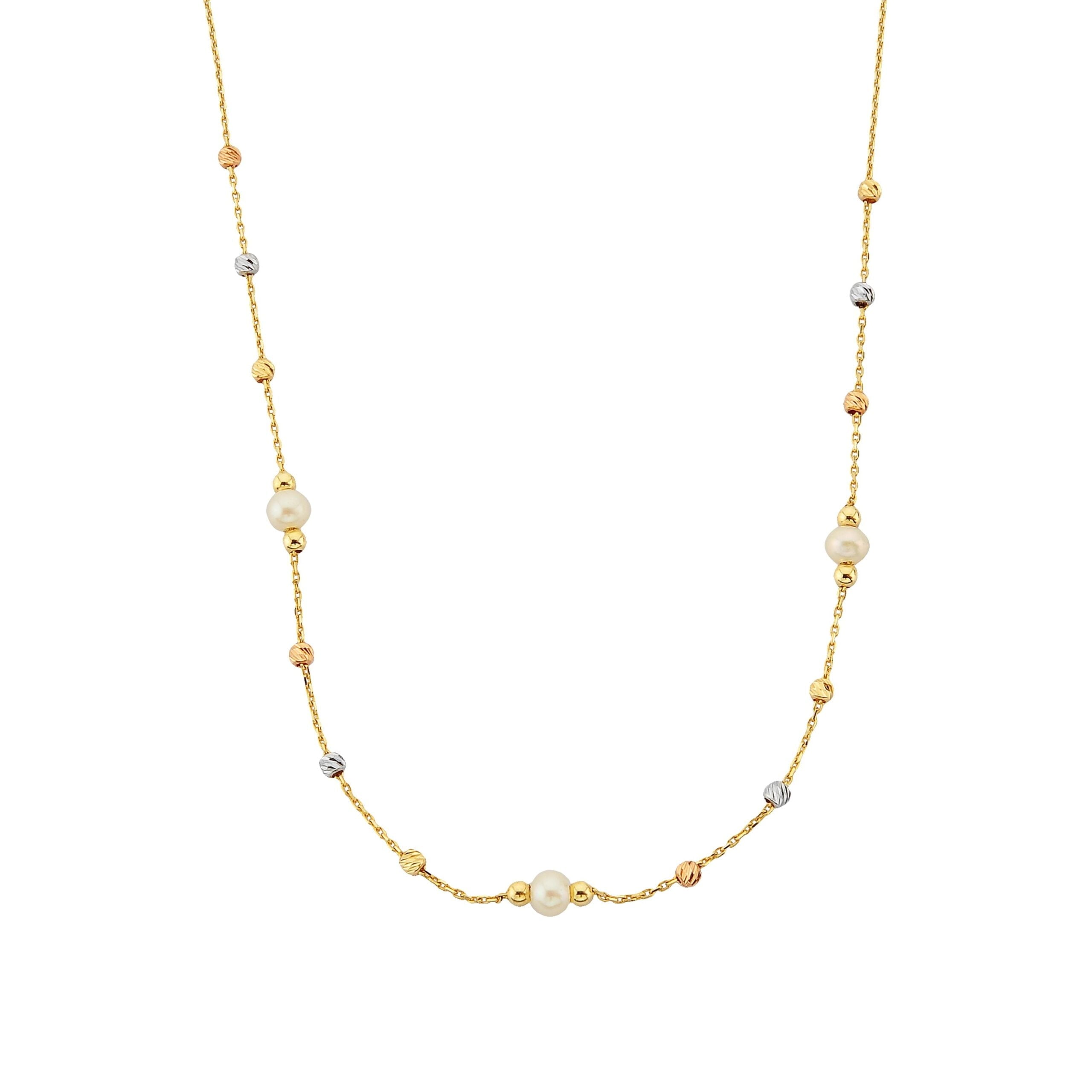 14K Real Solid Gold Beaded Pearls and Italian Balls Pendant Necklace for Women freshwater cultured christmas mother's day birthday gift jewelry